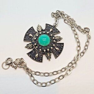 Entruscan Maltese Cross Pendant Necklace, Green Glass Cabochon Silver-Tone Chain